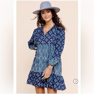 Blue Rain Short‎ Ruffle Long Sleeve Patchwork Print Blue Dress. Size XS